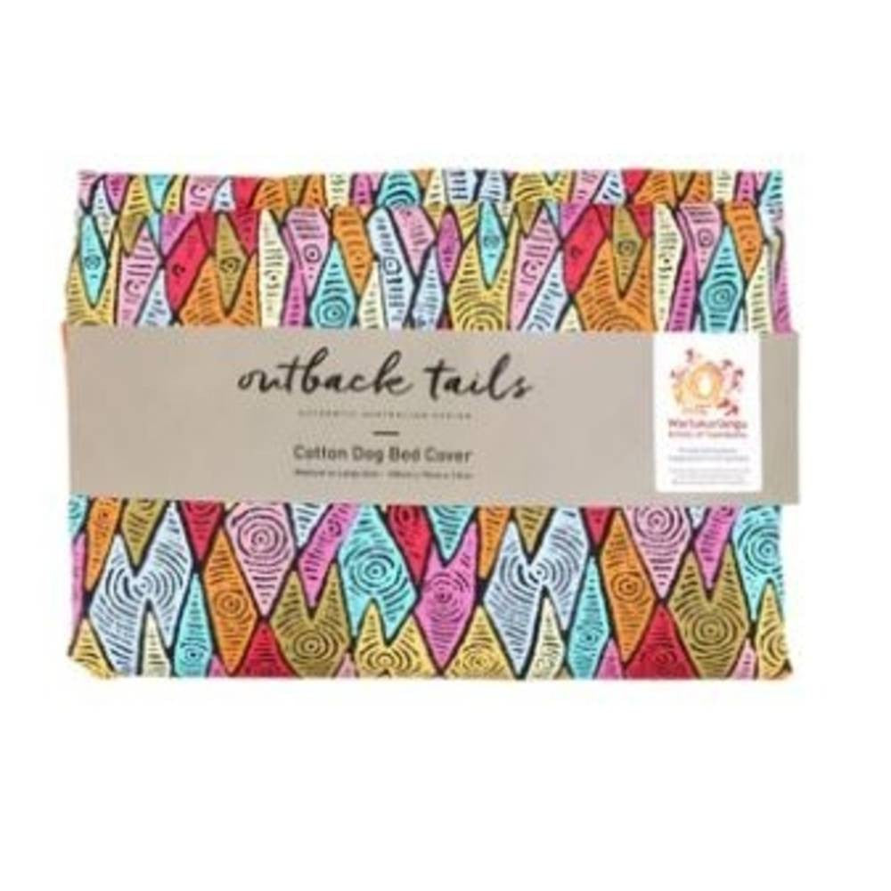 Outback Tails Dog Bed Cover featuring Aboriginal artwork by Pauline Napangardi Gallagher, showcasing a non-slip base and cotton fabric.