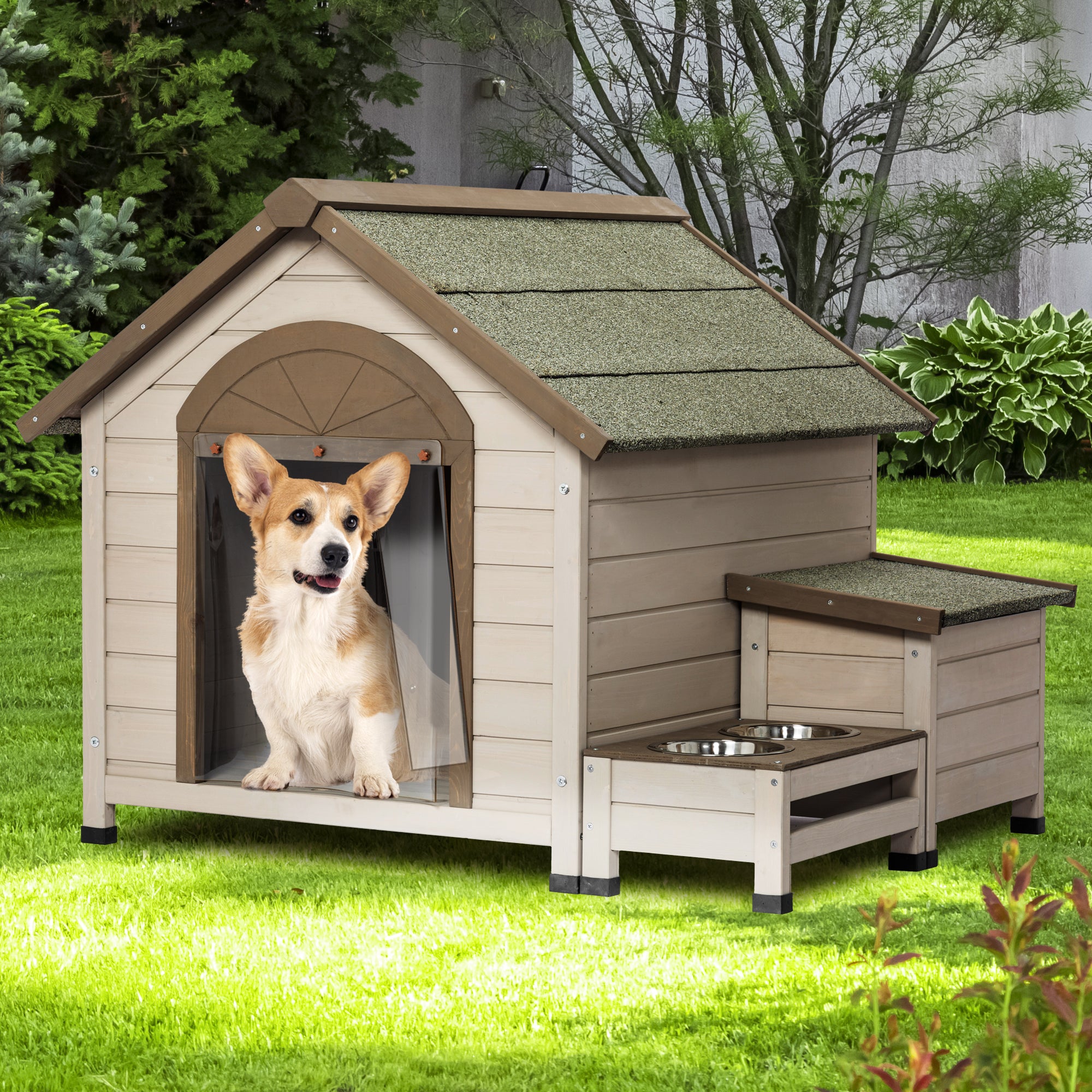 Outdoor fir wood dog house with an open roof, featuring a storage box and elevated feeding station, suitable for small to medium dogs.