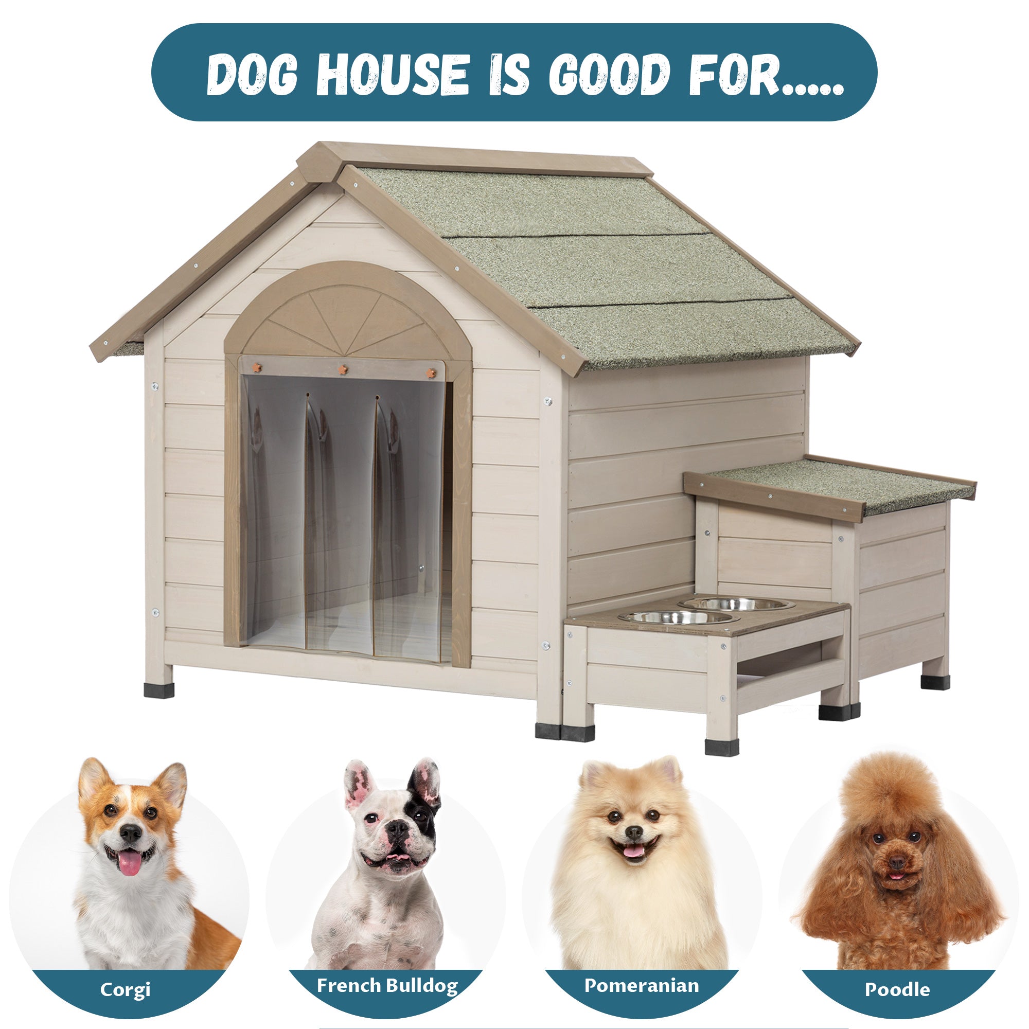 Outdoor fir wood dog house with an open roof, featuring a storage box and elevated feeding station, suitable for small to medium dogs.
