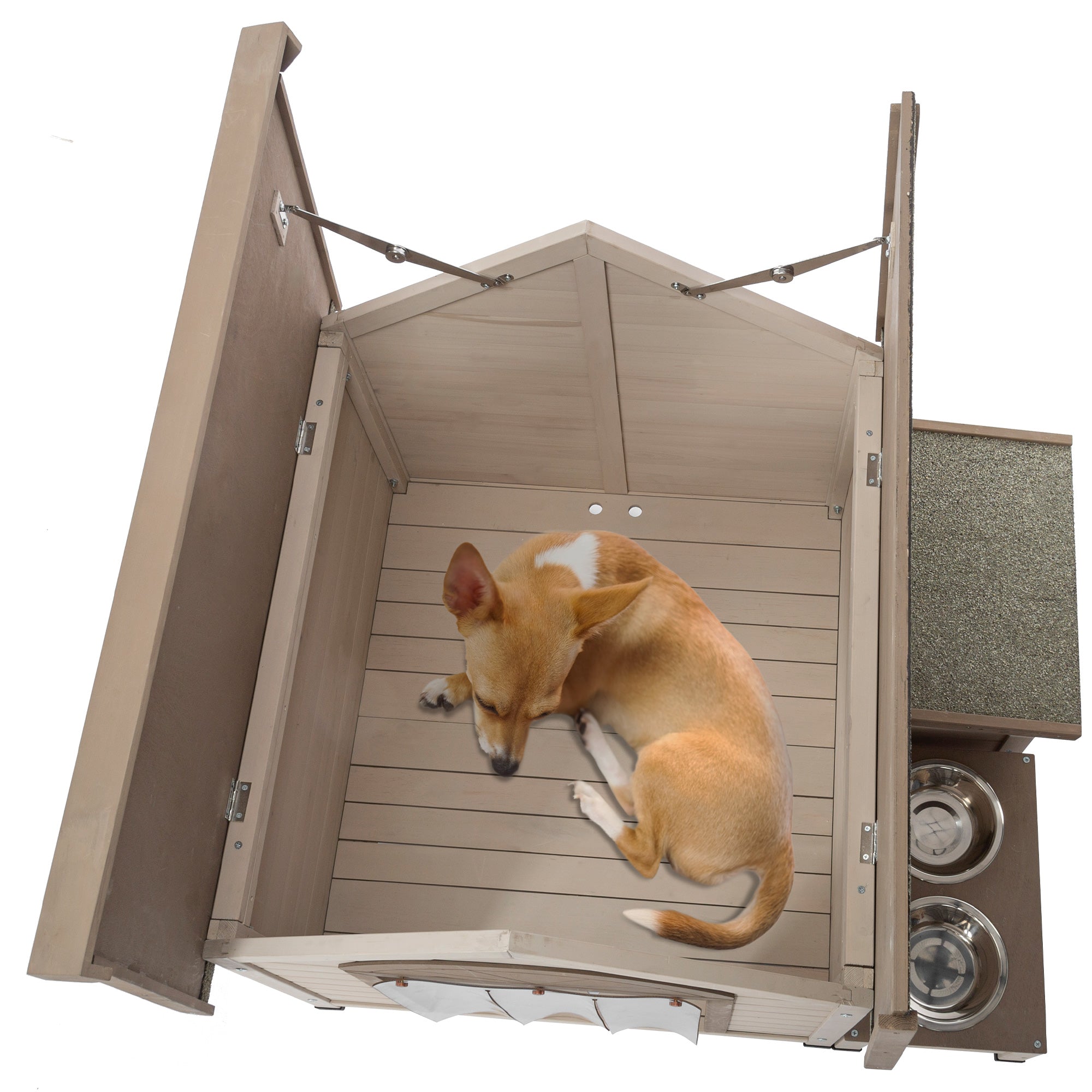Outdoor fir wood dog house with an open roof, featuring a storage box and elevated feeding station, suitable for small to medium dogs.