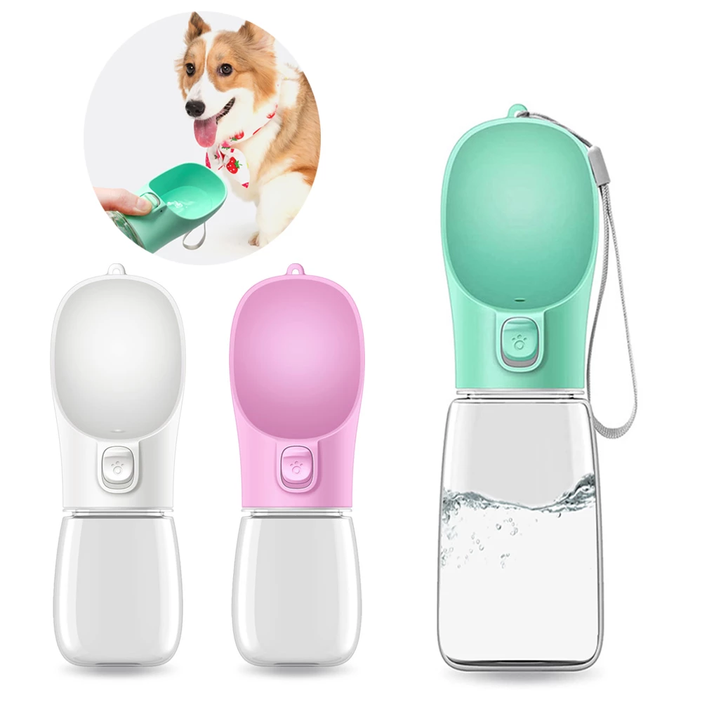 Outdoor Pet Dog Feeder Bowls in White, Green, and Pink, designed for travel and hydration for cats and dogs.