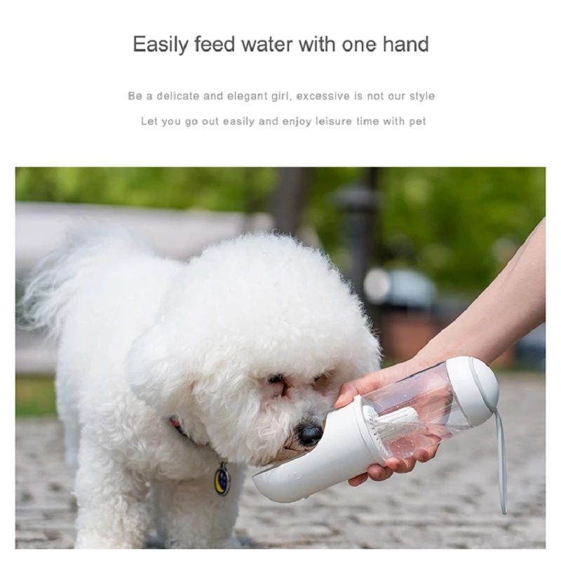 Outdoor Travel Pet Water Dispenser for dogs and cats, featuring a U-shaped trough and a silicone strap for easy carrying.