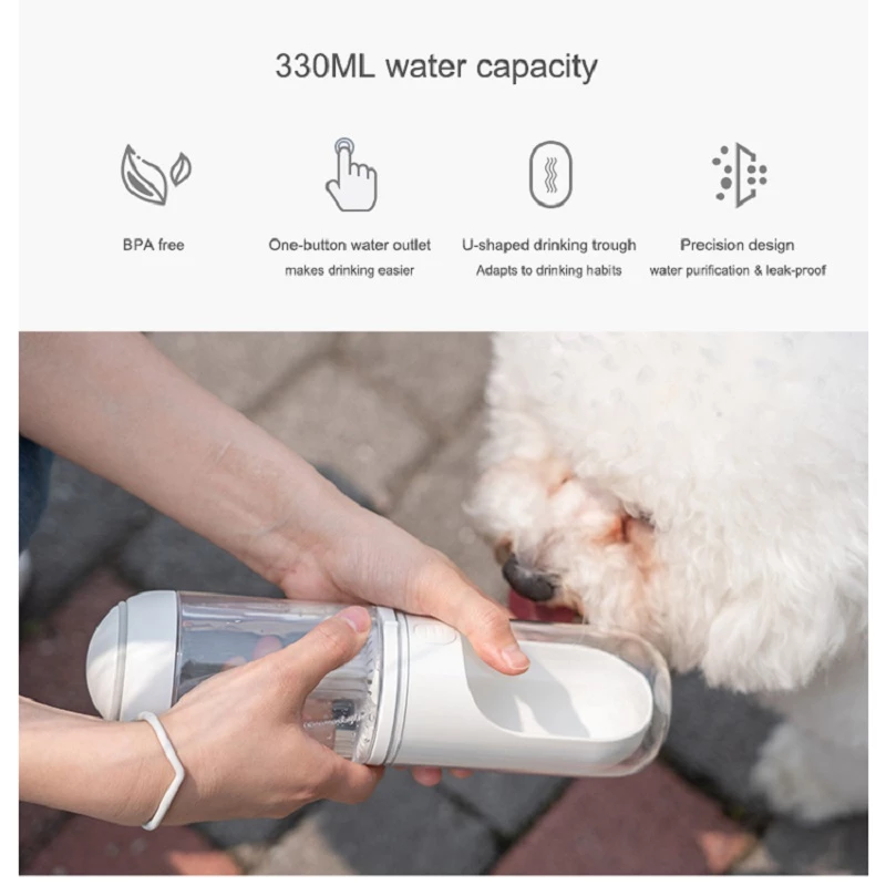 Outdoor Travel Pet Water Dispenser for dogs and cats, featuring a U-shaped trough and a silicone strap for easy carrying.