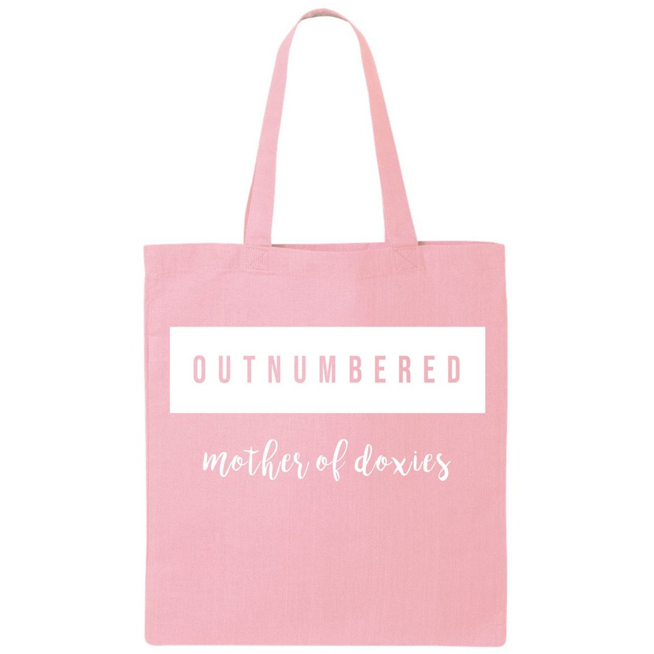 Outnumbered Doxies tote bag made of 100% cotton, featuring a unique screen-printed design, perfect for dog lovers.