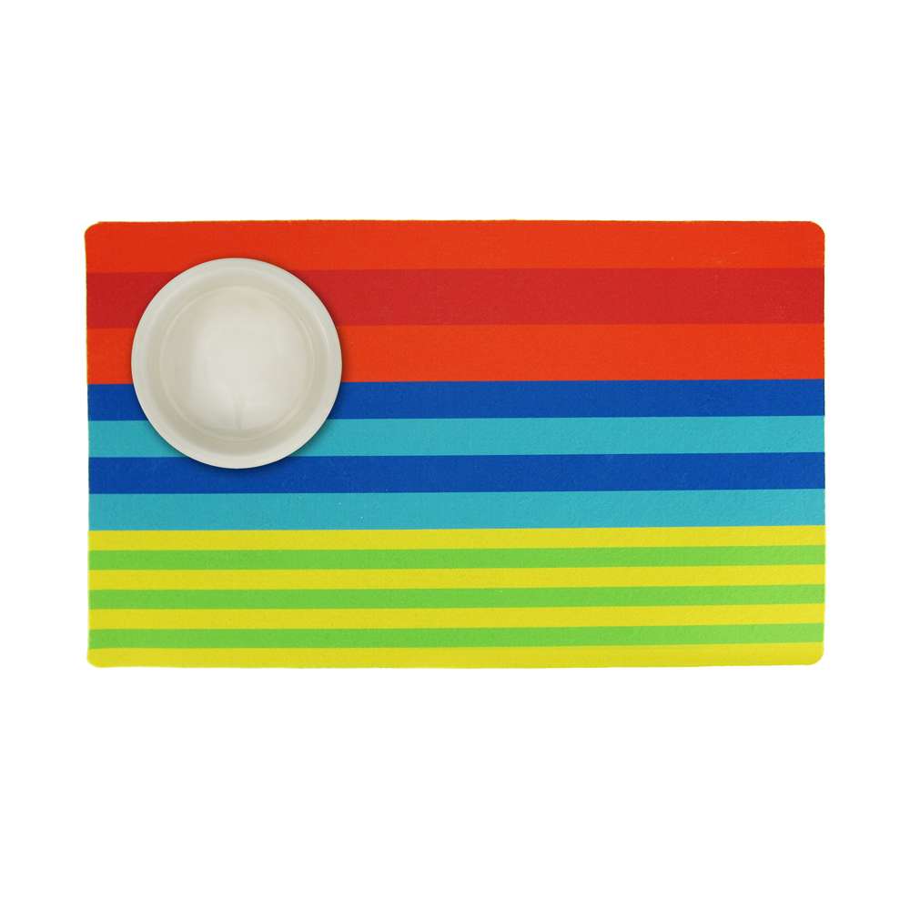 Colorful Party Stripes Dog Mat with slip-resistant backing, designed for food and water bowls.