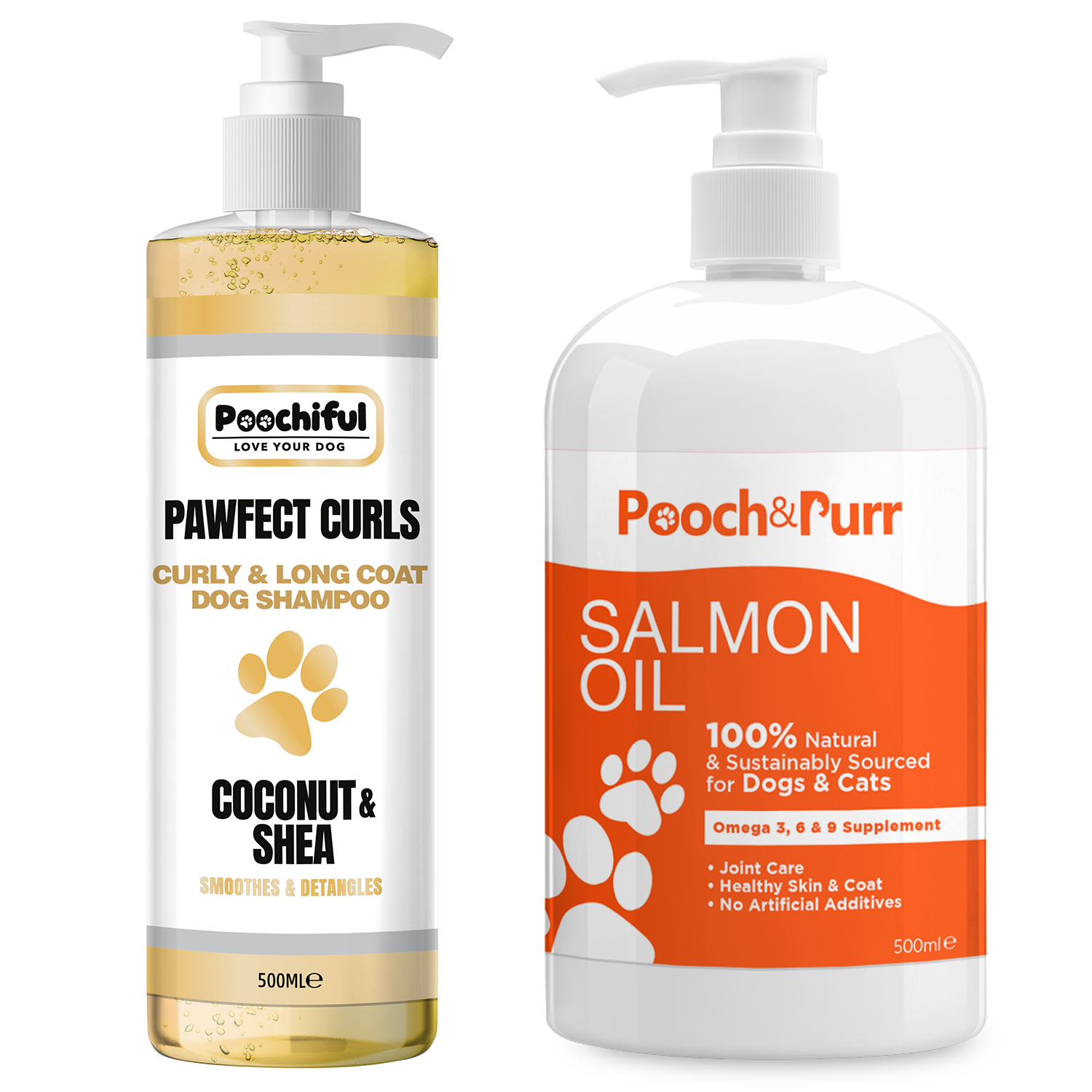 Pawfect Curls and Pooch And Purr Salmon Oil bundle, featuring two 500ml bottles designed for pet coat and skin health.