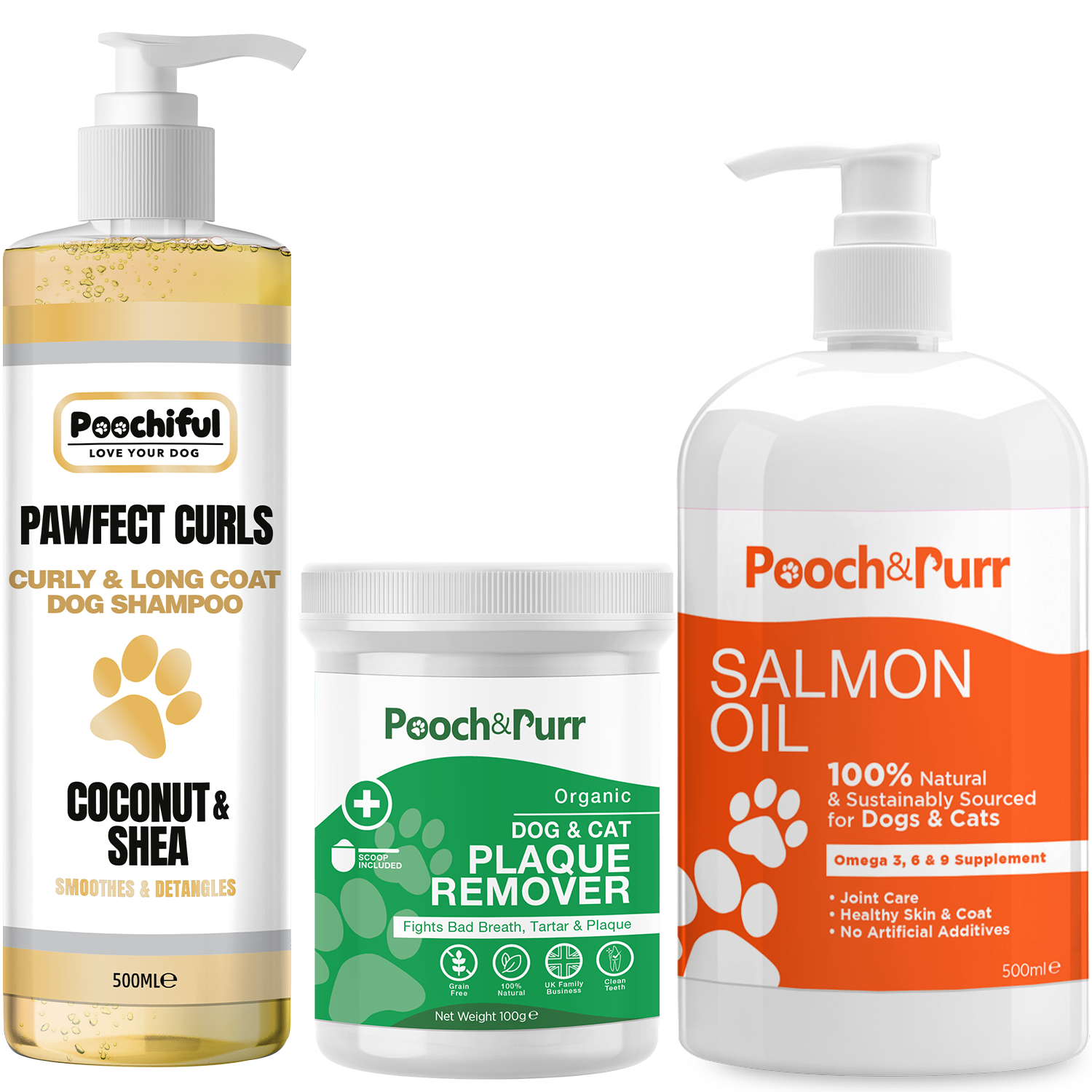 Pawfect Curls, Pooch And Purr Salmon Oil, and Plaque Powder bundle displayed together, showcasing their packaging and sizes.