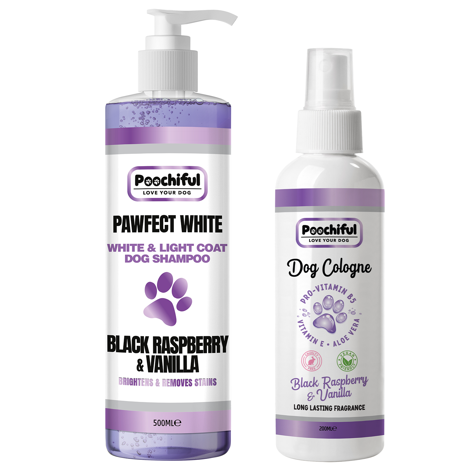 Pawfect White 500ml and Black Raspberry and Vanilla 200ml cologne bottles displayed together, showcasing their elegant design.