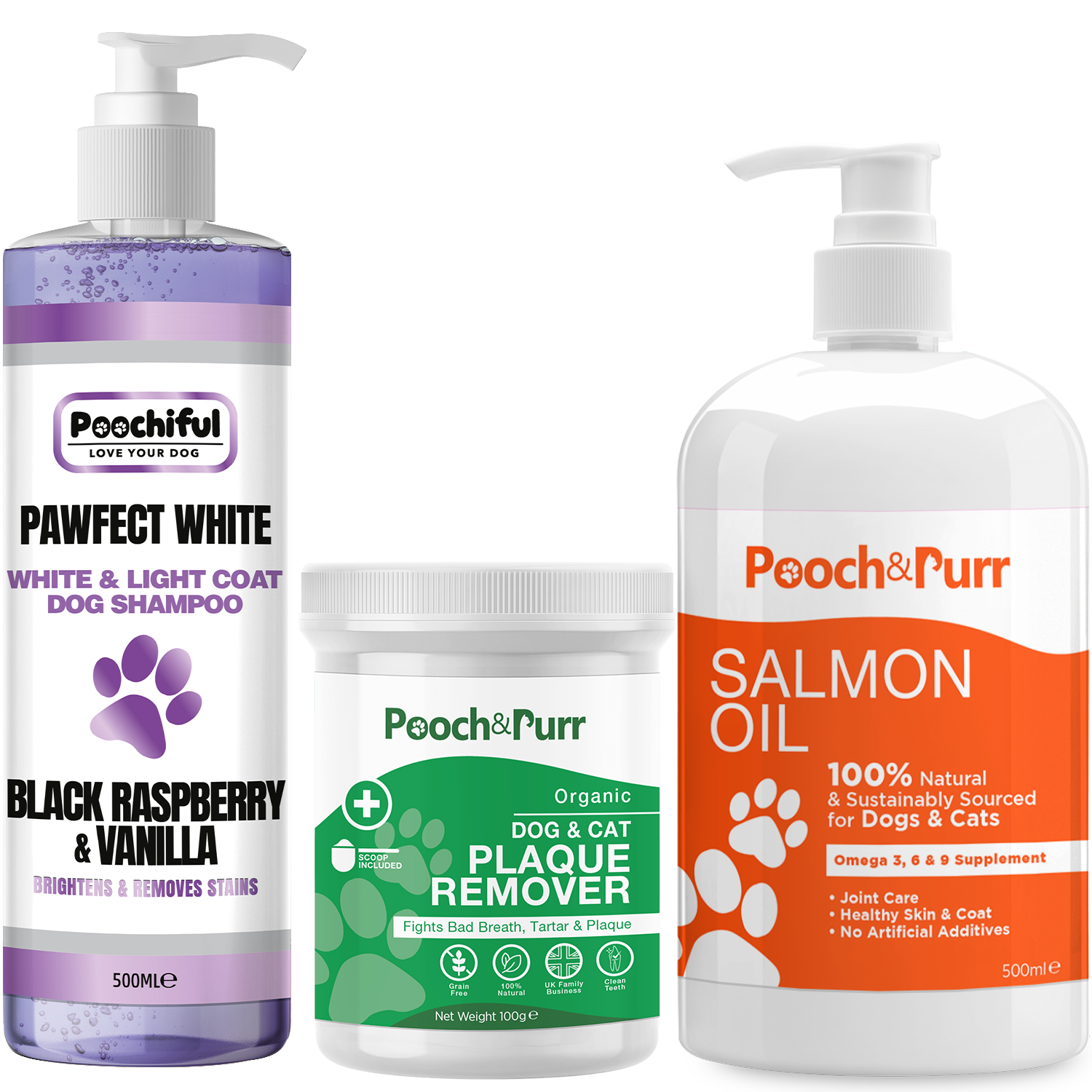 Pawfect White shampoo, Pooch And Purr Salmon Oil, and Plaque Powder bundle for pet care.