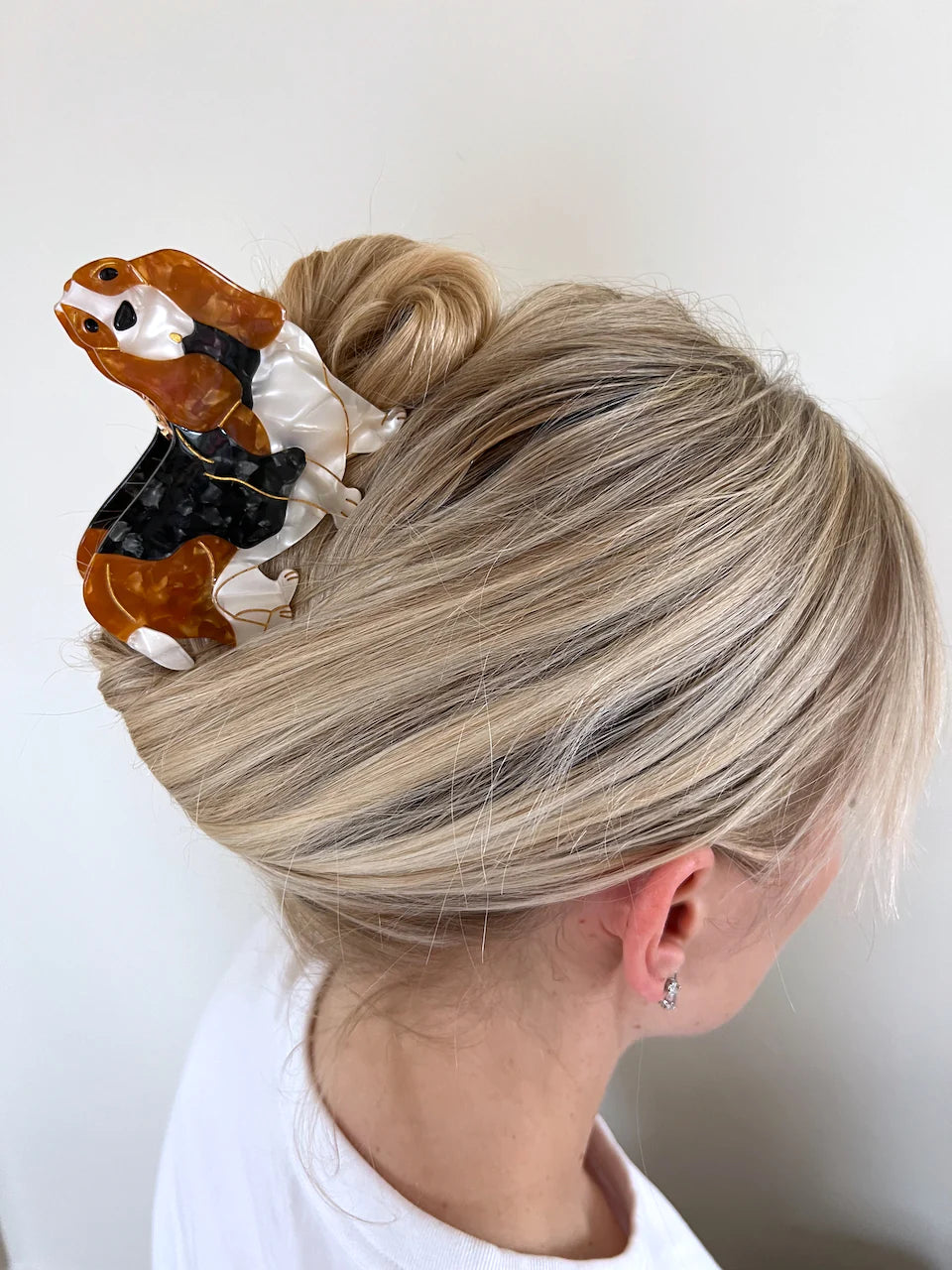 Hand-painted Pug design claw hair clip made from eco-friendly cellulose acetate.