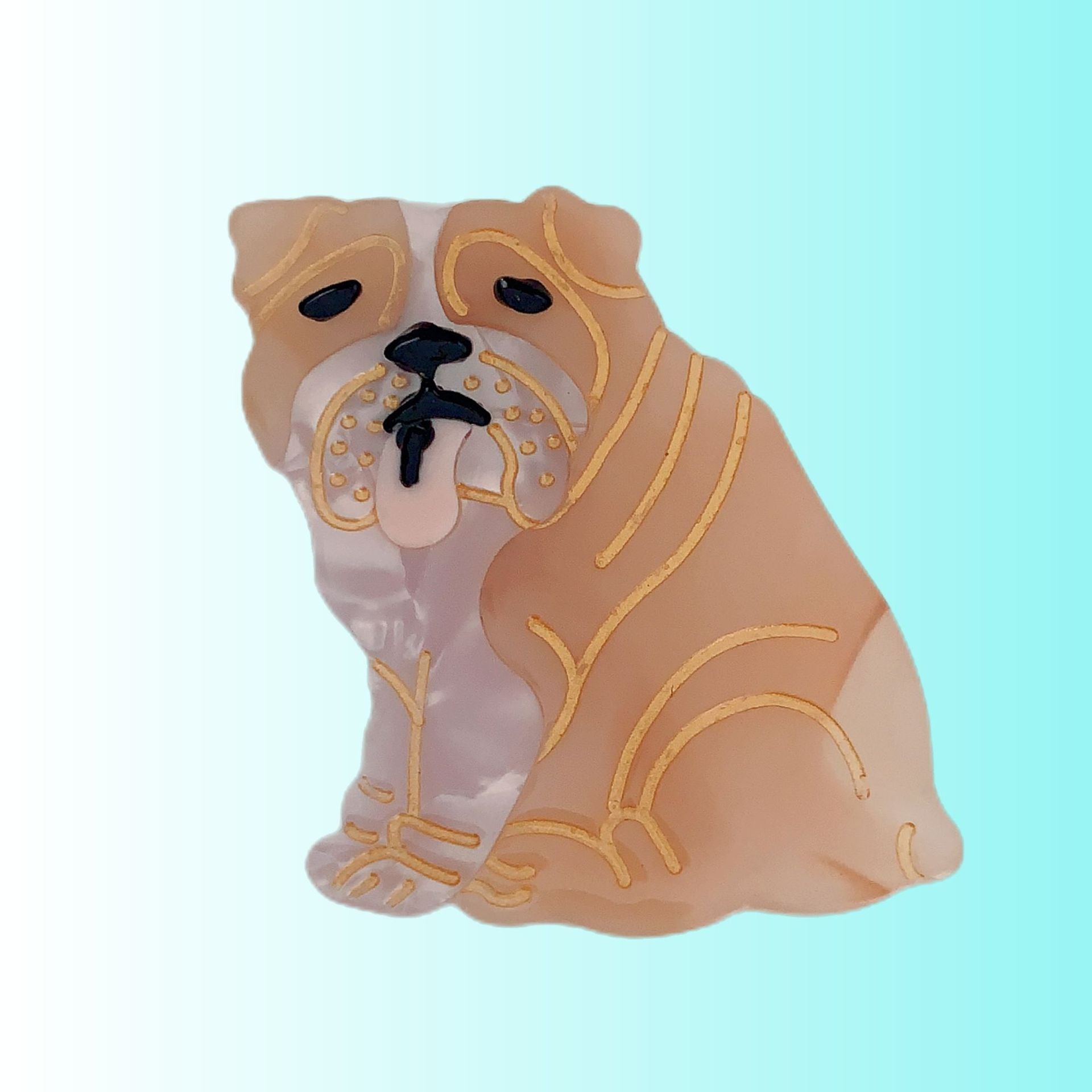 Hand-painted Pug design claw hair clip made from eco-friendly cellulose acetate.