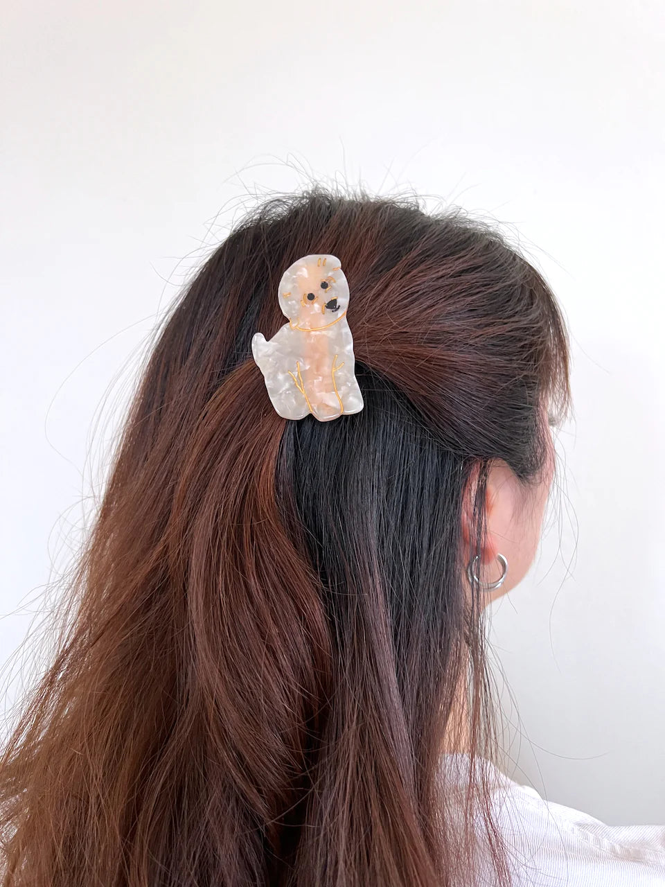 Hand-painted Pug design claw hair clip by Pawsome Pets New York, made from eco-friendly cellulose acetate.