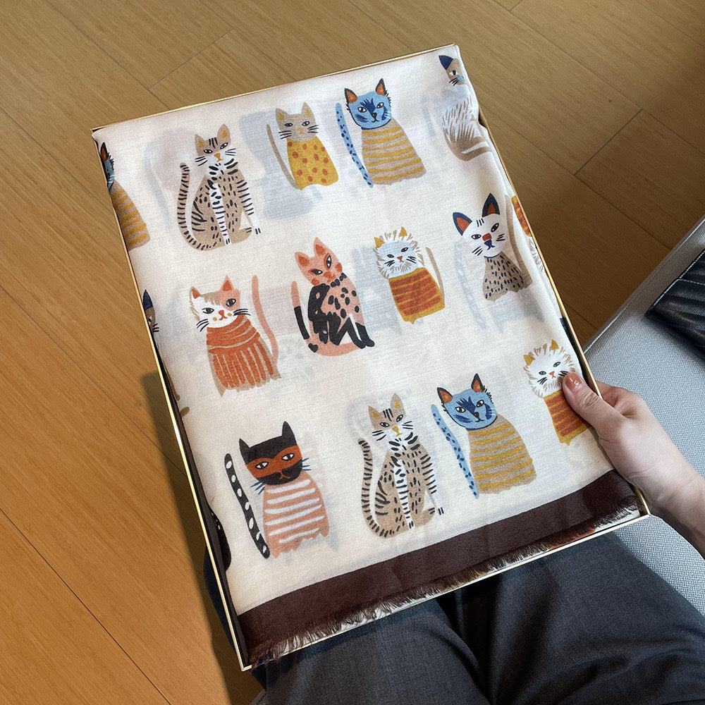 Pawsome Scarf #7 in soft pink linen featuring a cat design, elegantly draped on a neutral background.