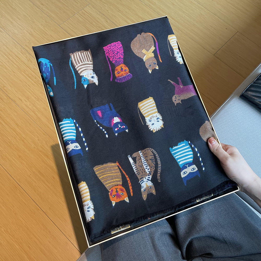 Pawsome Scarf #7 in soft pink linen featuring a cat design, elegantly draped on a neutral background.