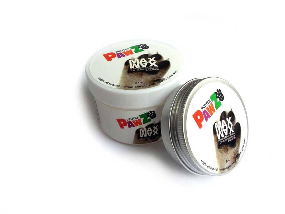 Pawz MazWax for Dogs in a container, showcasing its natural ingredients and protective qualities for dog paw care.