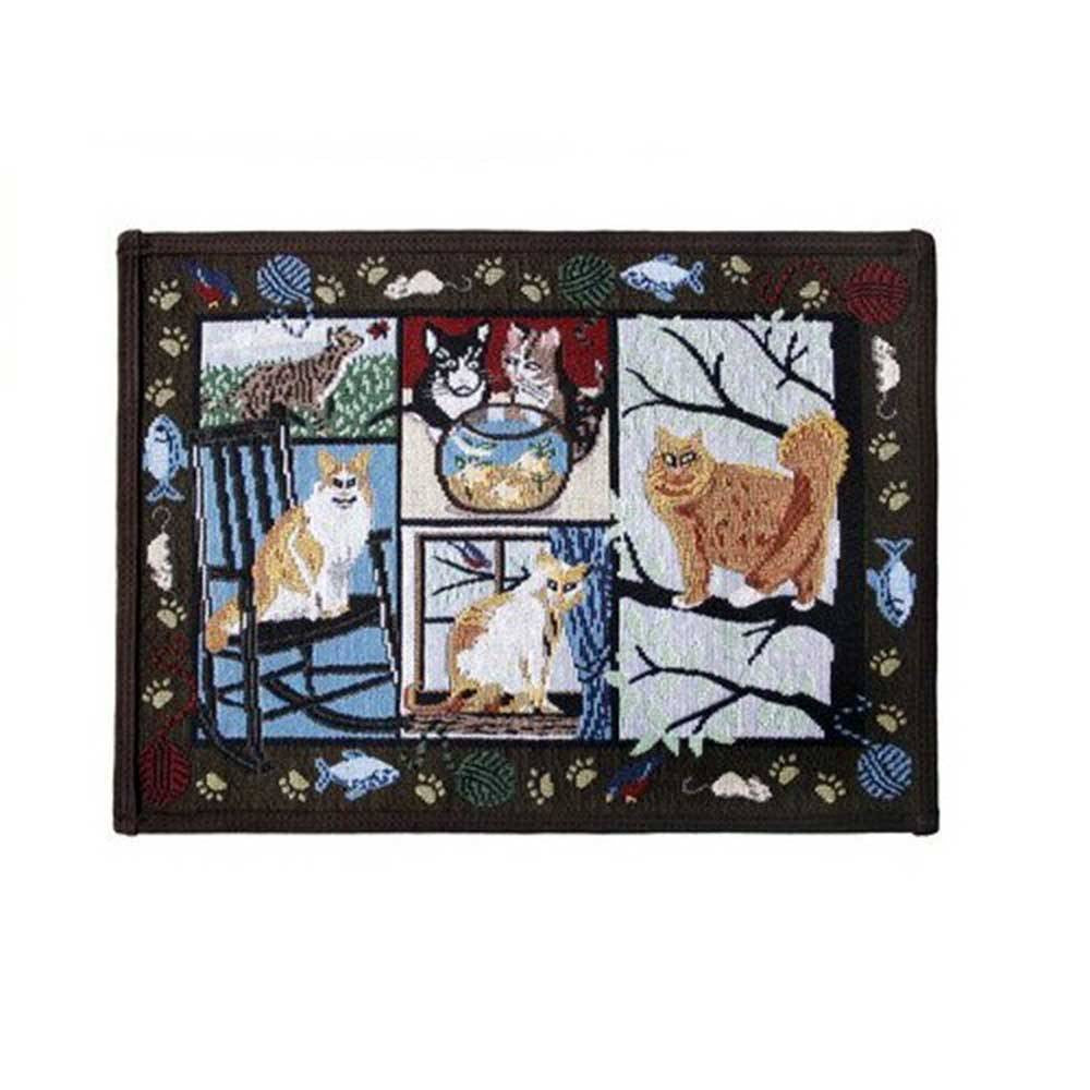 PB Paws & Co. Tapestry Pet Mat featuring a woodland design, suitable for cats and dogs, with a non-skid backing and liquid-resistant fabric.