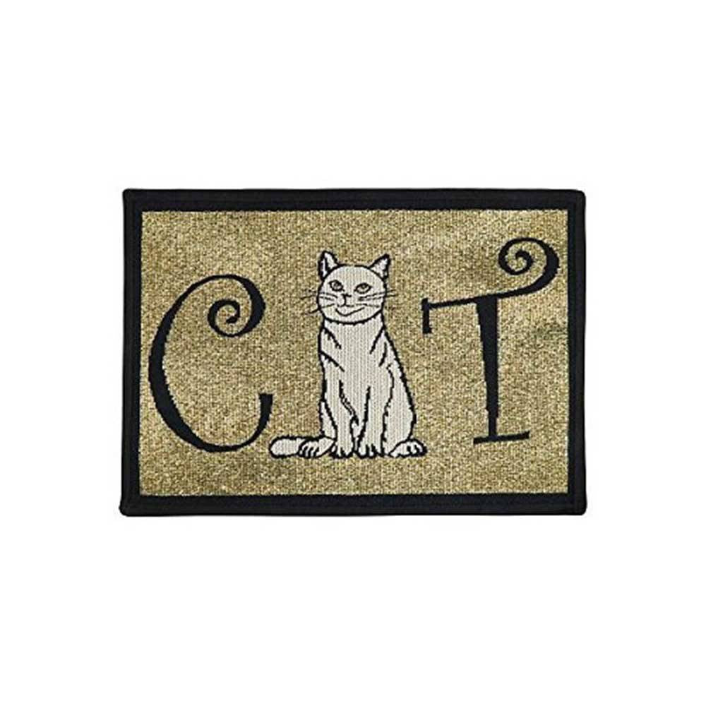 PB Paws & Co. Tapestry Pet Mat featuring a Cat Person pattern, showcasing its liquid-resistant and non-skid backing design.