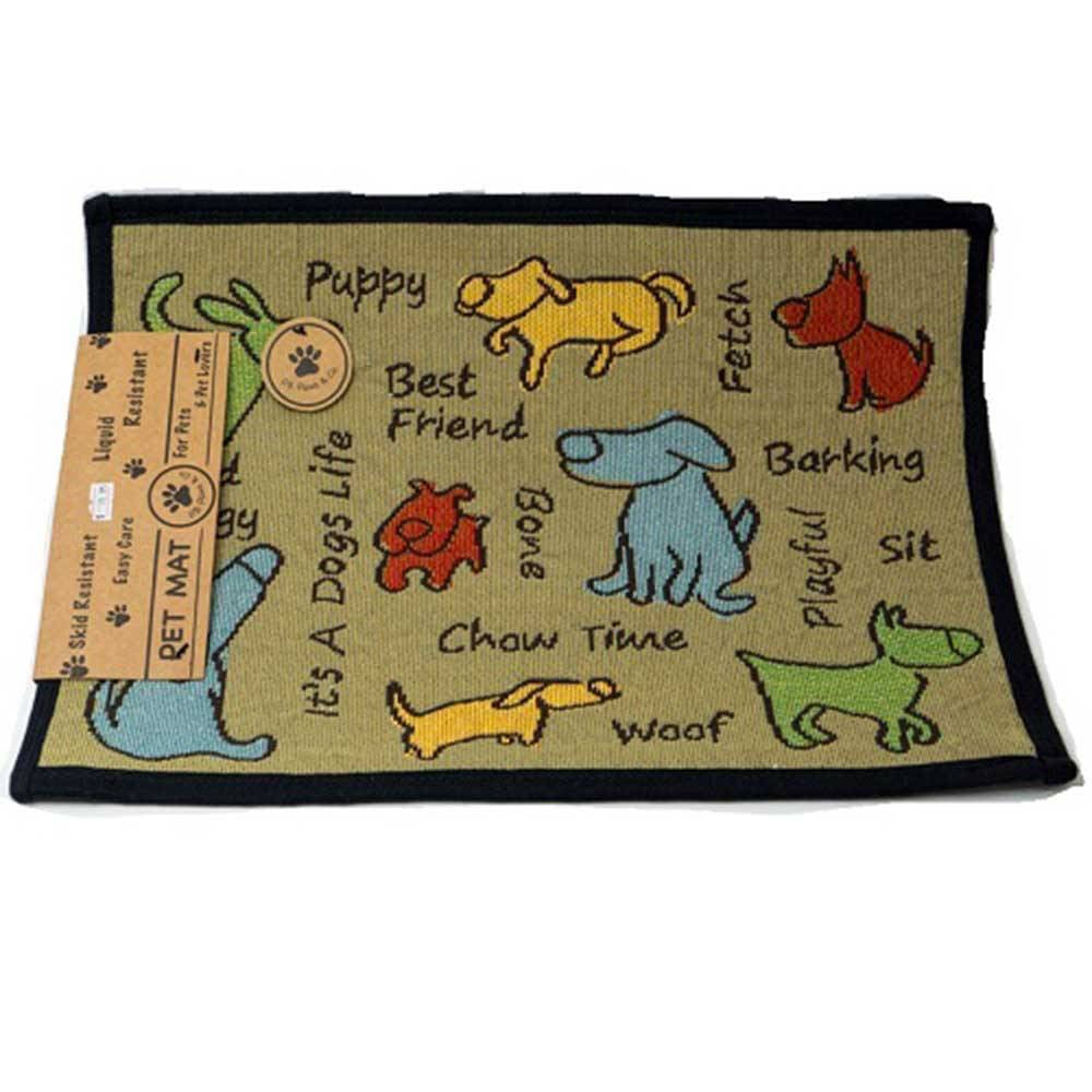 PB Paws & Co. Christmas Meal Multi Tapestry Pet Mat featuring a festive design, liquid-resistant surface, and non-skid backing, perfect for pets.
