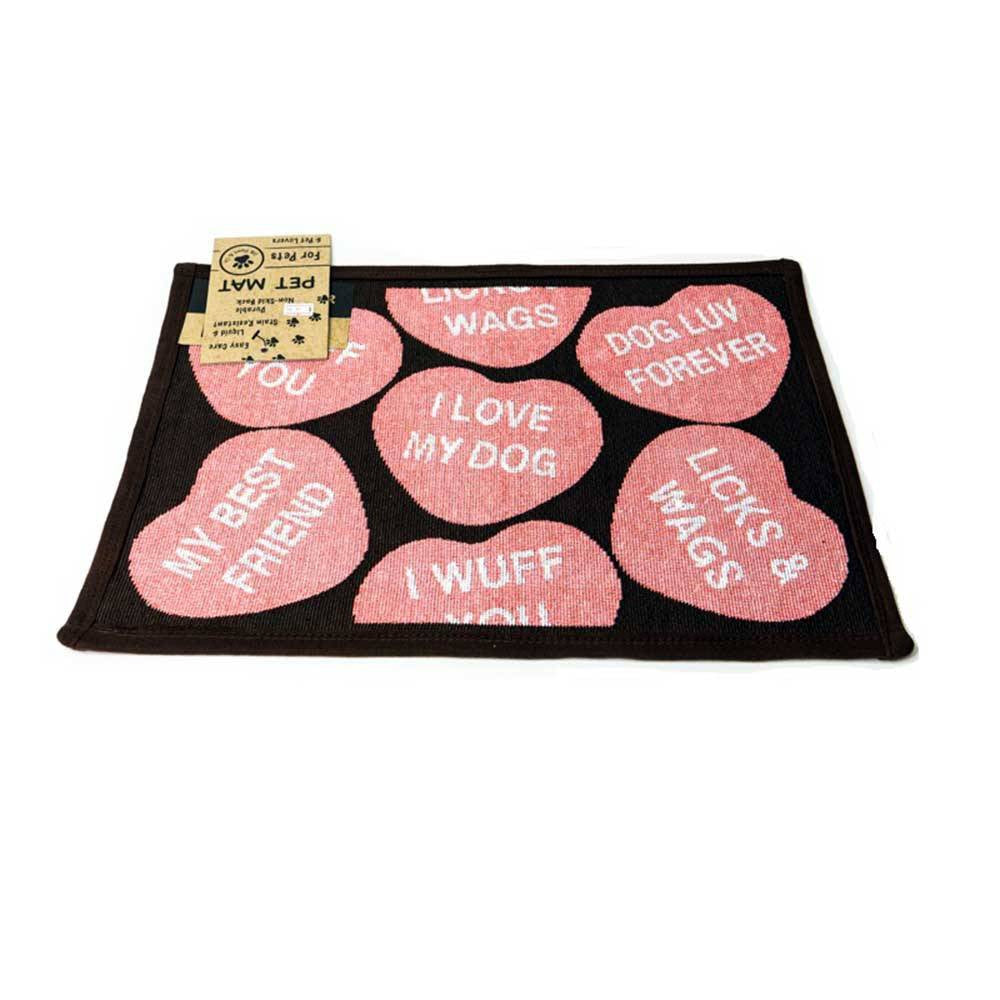PB Paws & Co. Tapestry Pet Mat in Dog Notes Sorbet design, featuring a liquid-resistant surface and non-skid backing.