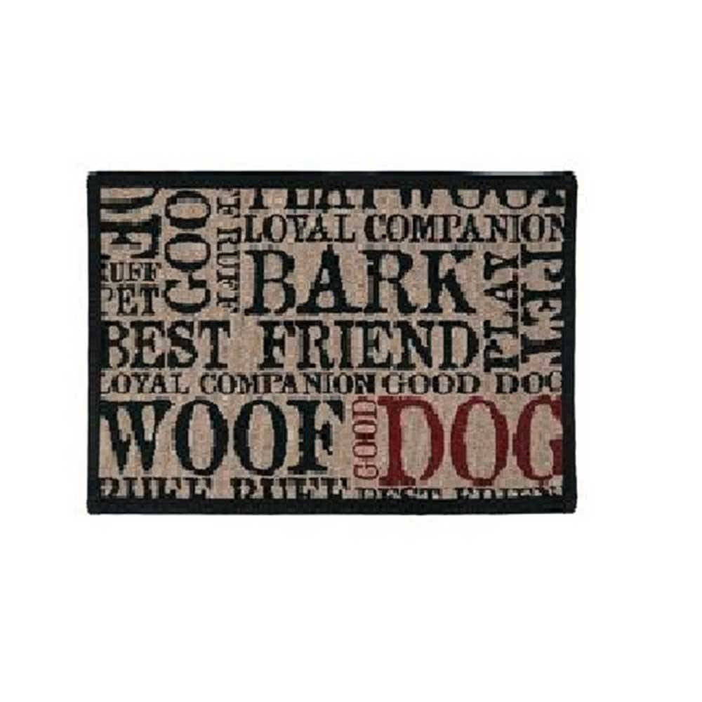 PB Paws & Co. Tapestry Pet Mat in taupe with a good dog pattern, featuring a non-skid backing and liquid-resistant material.
