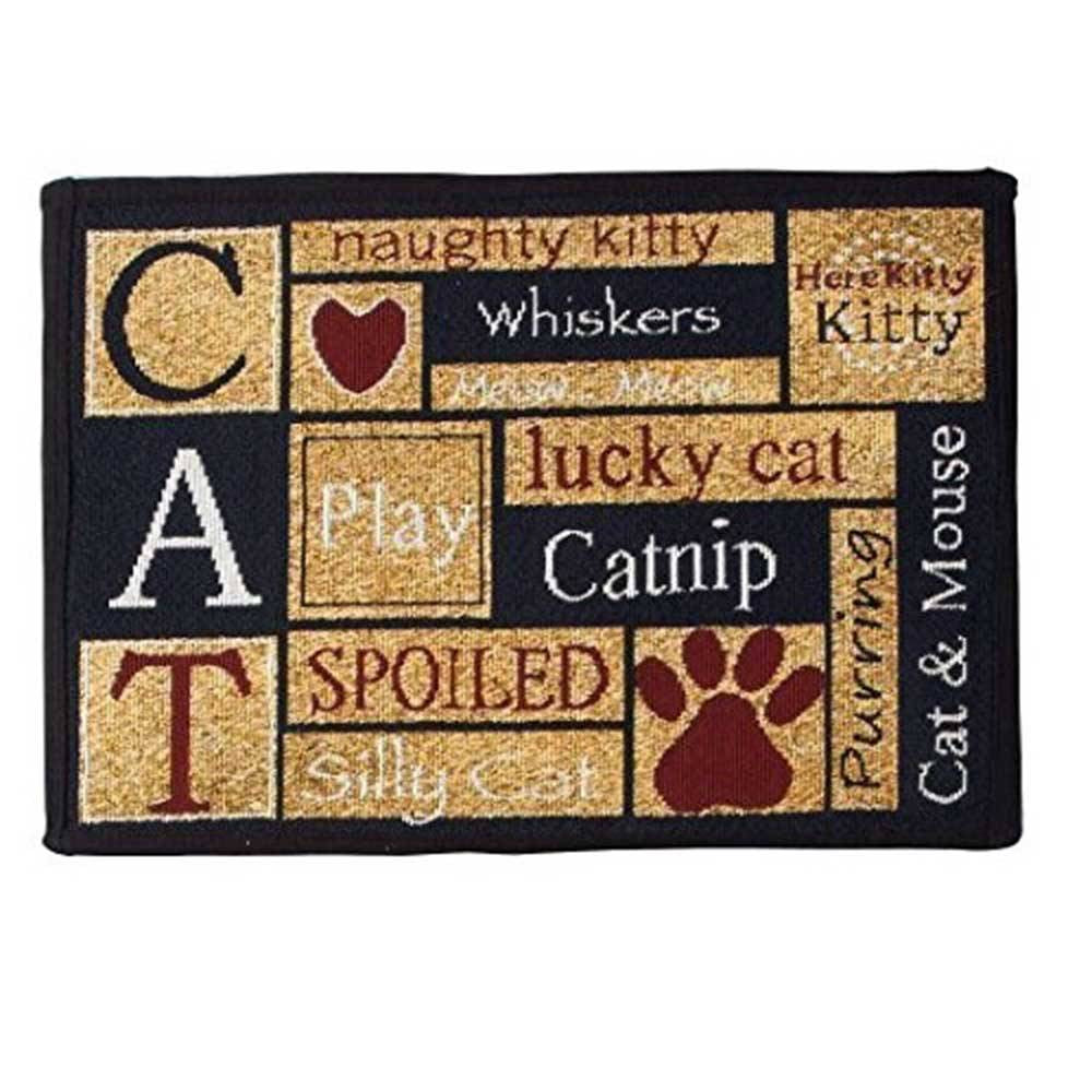 PB Paws & Co. Tapestry Pet Mat featuring an I Love Cats pattern, showcasing a stylish and functional design for pet lovers.