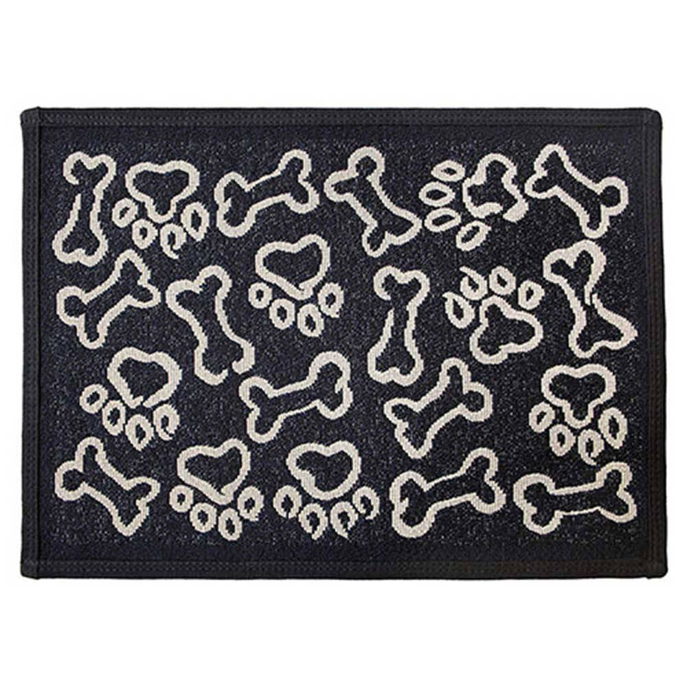 PB Paws & Co. Tapestry Pet Mat featuring a stylish 'To The World' pattern, designed for pet lovers with a non-skid backing and liquid-resistant material.