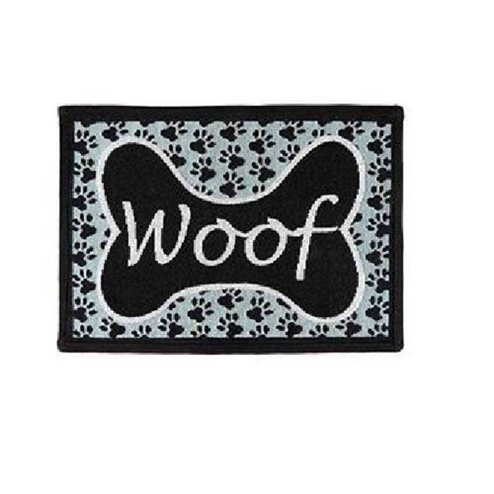 PB Paws & Co. Tapestry Pet Mat featuring a woof and bone pattern, designed for comfort and style in pet-friendly homes.