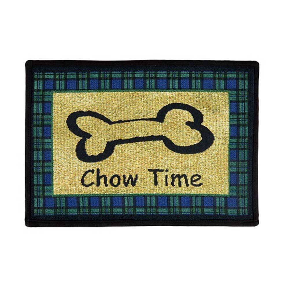 PB Paws & Co. Tapestry Pet Mat in Chow Time pattern, sand color, featuring a non-skid backing and liquid-resistant surface.