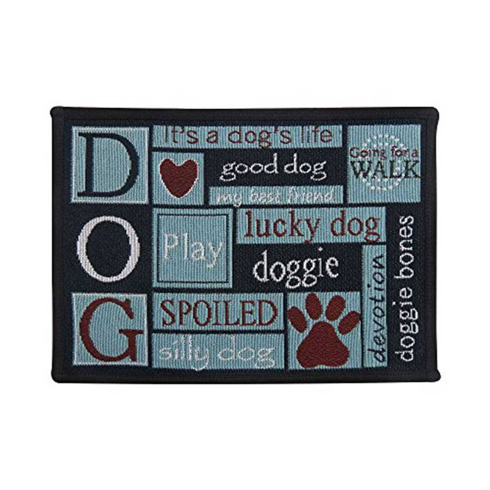 PB Paws & Co. Tapestry Pet Mat in aquamarine with 'I Love Dogs' design, featuring non-skid backing and liquid-resistant fabric.