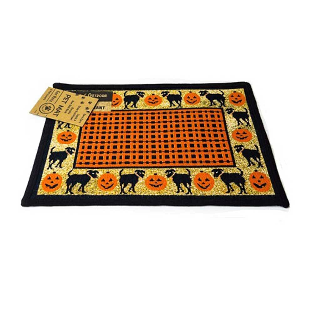 PB Paws & Co. Tapestry Pet Mat featuring a Puppies & Pumpkins pattern, showcasing vibrant colors and a cozy design for pets.