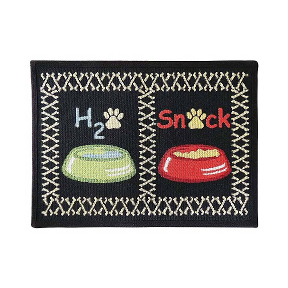 PB Paws & Co. Tapestry Pet Mat featuring a Snack Time pattern, designed for pets with a non-skid backing and liquid-resistant material.