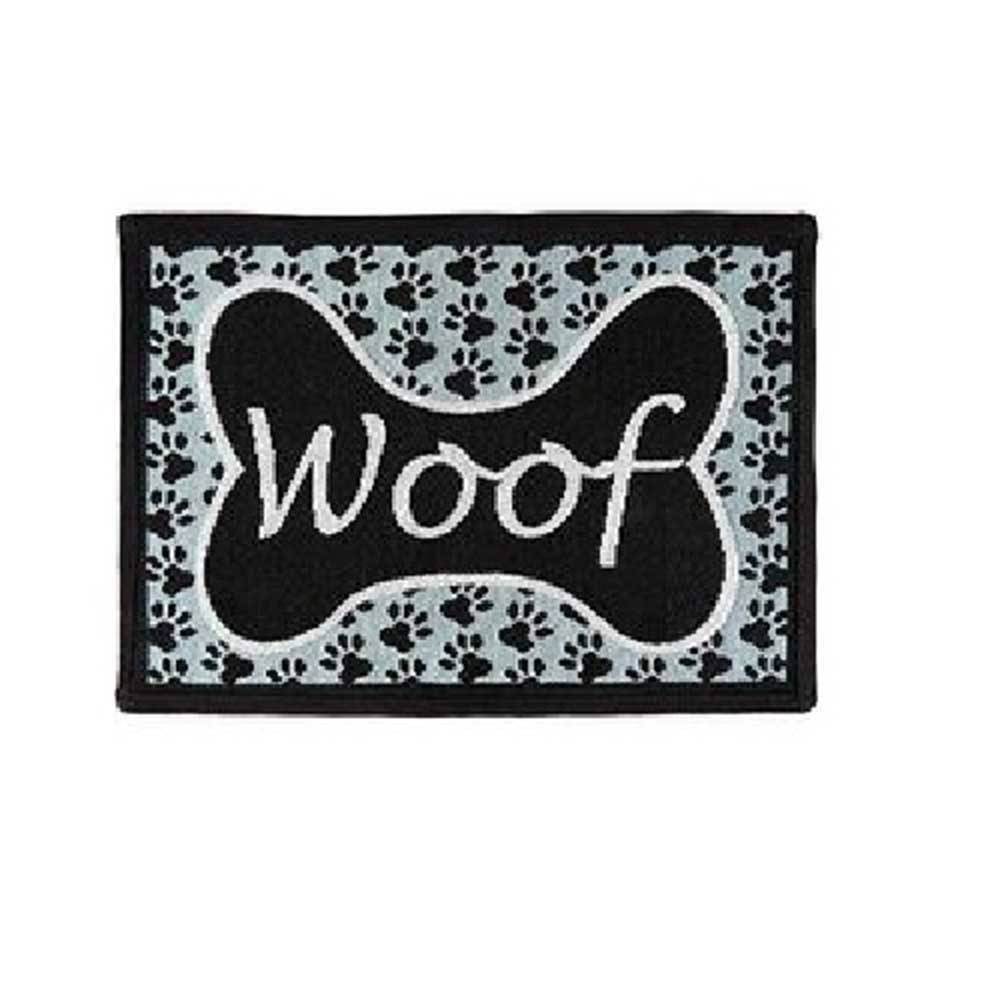 PB Paws & Co. Tapestry Pet Mat in aquamarine with a woof pattern, featuring a non-skid backing and liquid-resistant material.