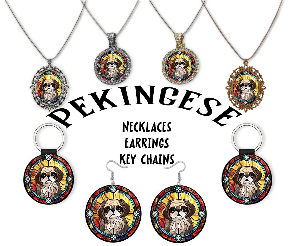 Stained glass style jewelry featuring Pekingese designs, including necklaces and earrings in silver and gold finishes.