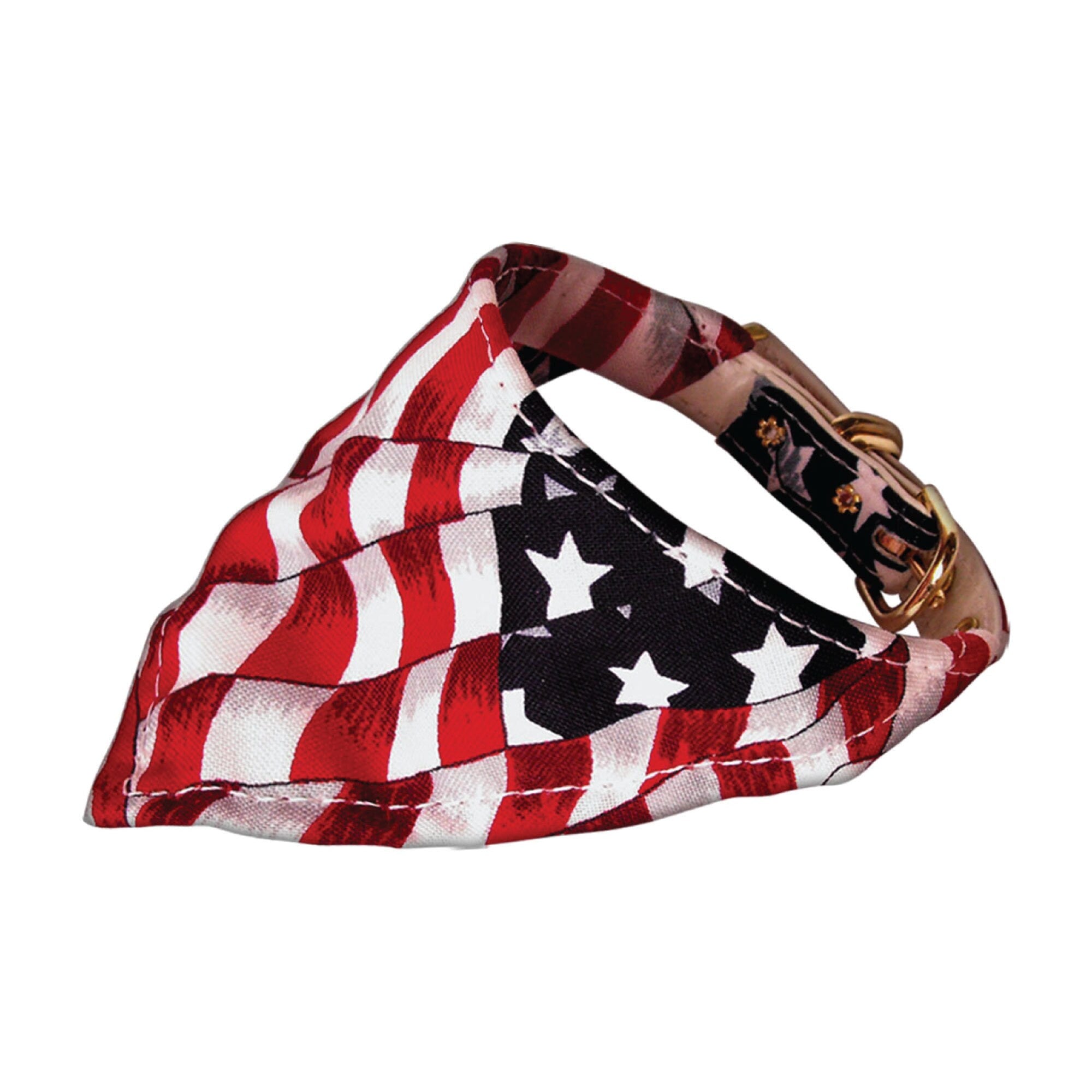 A stylish dog collar featuring a bandana design with patriotic American themes, made from cotton and faux leather.