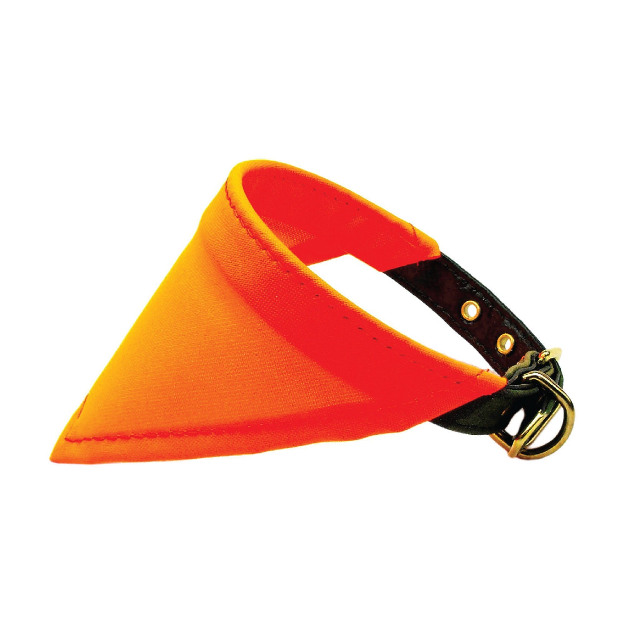 A vibrant Hunting Orange Pet and Dog Bandana Collar featuring a sewn bandana, traditional buckle, and D-ring for leash attachment.