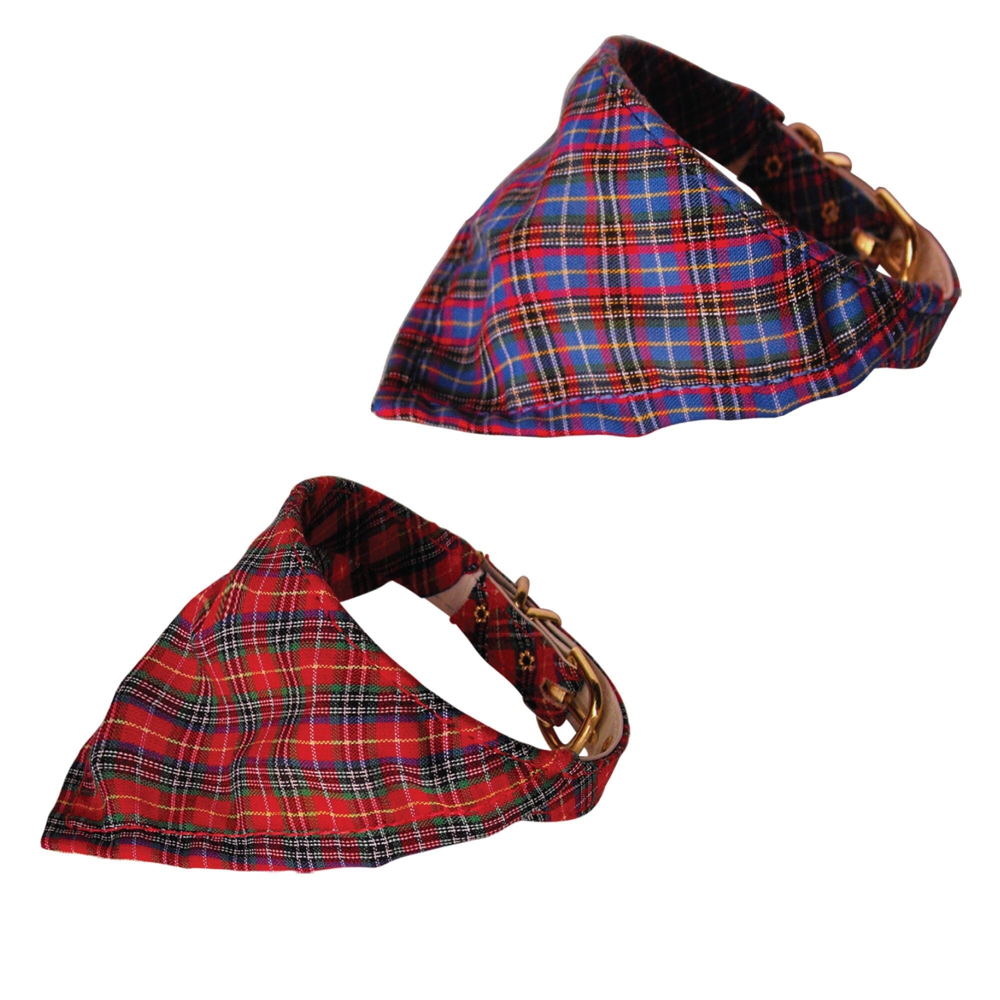 A stylish Pet and Dog Bandana Collar featuring a plaid design in red and blue, made from cotton and faux leather with a traditional buckle.