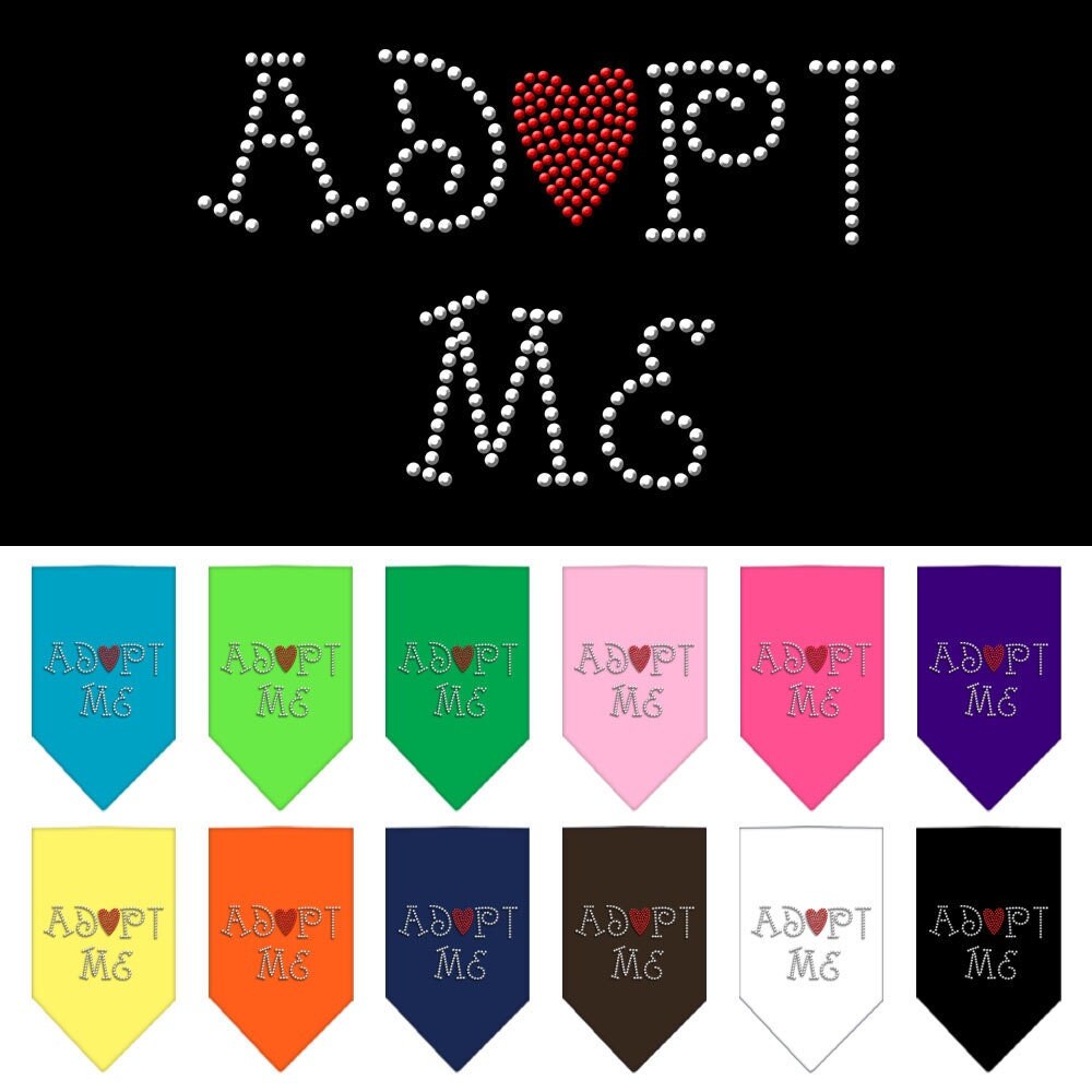 A stylish dog bandana featuring rhinestones with the text 'Adopt Me', designed for comfort and easy tie-on.