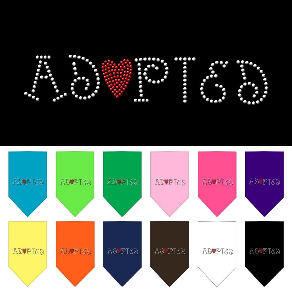 A stylish dog bandana featuring rhinestones spelling 'Adopted', designed for comfort and style, available in two sizes.