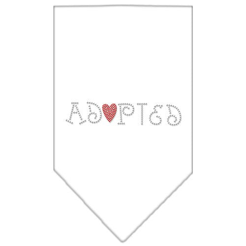 A stylish dog bandana featuring rhinestones spelling 'Adopted', designed for comfort and style, available in two sizes.