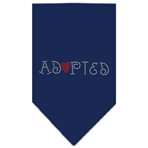 A stylish dog bandana featuring rhinestones spelling 'Adopted', designed for comfort and style, available in two sizes.