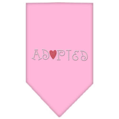 A stylish dog bandana featuring rhinestones spelling 'Adopted', designed for comfort and style, available in two sizes.