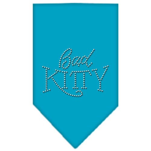 A stylish pet bandana featuring rhinestones with the text 'Bad Kitty', designed for dogs and pets, available in two sizes.