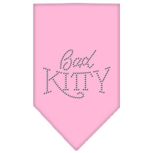 A stylish pet bandana featuring rhinestones with the text 'Bad Kitty', designed for dogs and pets, available in two sizes.