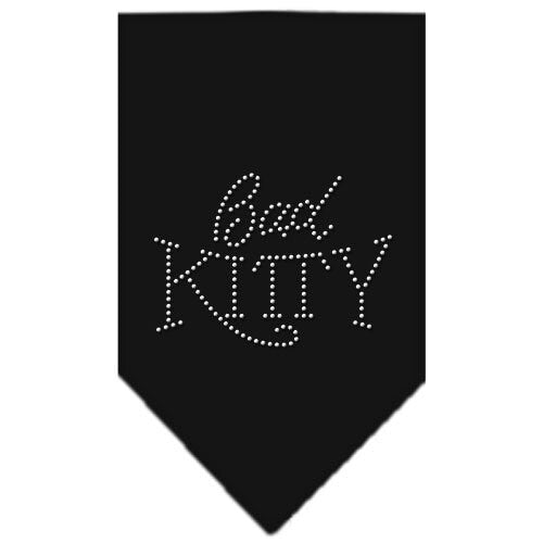 A stylish pet bandana featuring rhinestones with the text 'Bad Kitty', designed for dogs and pets, available in two sizes.