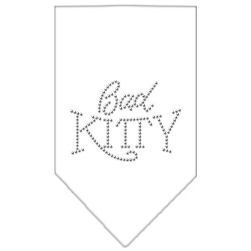 A stylish pet bandana featuring rhinestones with the text 'Bad Kitty', designed for dogs and pets, available in two sizes.
