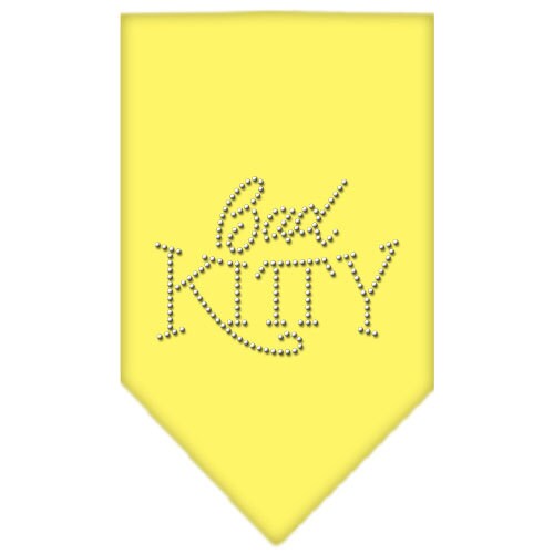 A stylish pet bandana featuring rhinestones with the text 'Bad Kitty', designed for dogs and pets, available in two sizes.