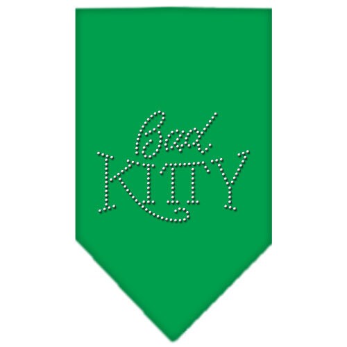 A stylish pet bandana featuring rhinestones with the text 'Bad Kitty', designed for dogs and pets, available in two sizes.