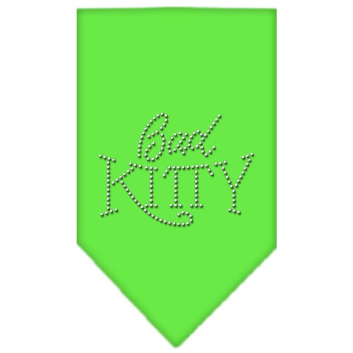A stylish pet bandana featuring rhinestones with the text 'Bad Kitty', designed for dogs and pets, available in two sizes.