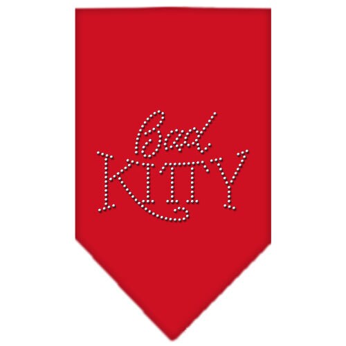 A stylish pet bandana featuring rhinestones with the text 'Bad Kitty', designed for dogs and pets, available in two sizes.