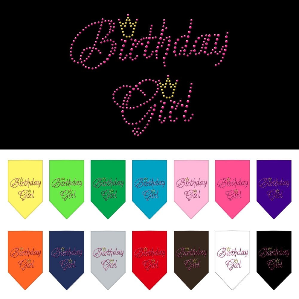 A stylish pet bandana featuring rhinestones, labeled 'Birthday Girl', designed for dogs to celebrate their special day.